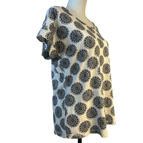 Talbots Medallion Scoop Neck Cap Sleeve Cotton Blend Top Women L White Black - Picture 2 of 9